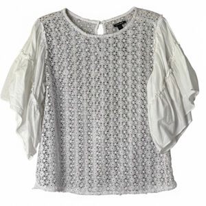 Stella & Dot White Crochet Lace Boho Romantic Flutter Sleeve Blouse Size L